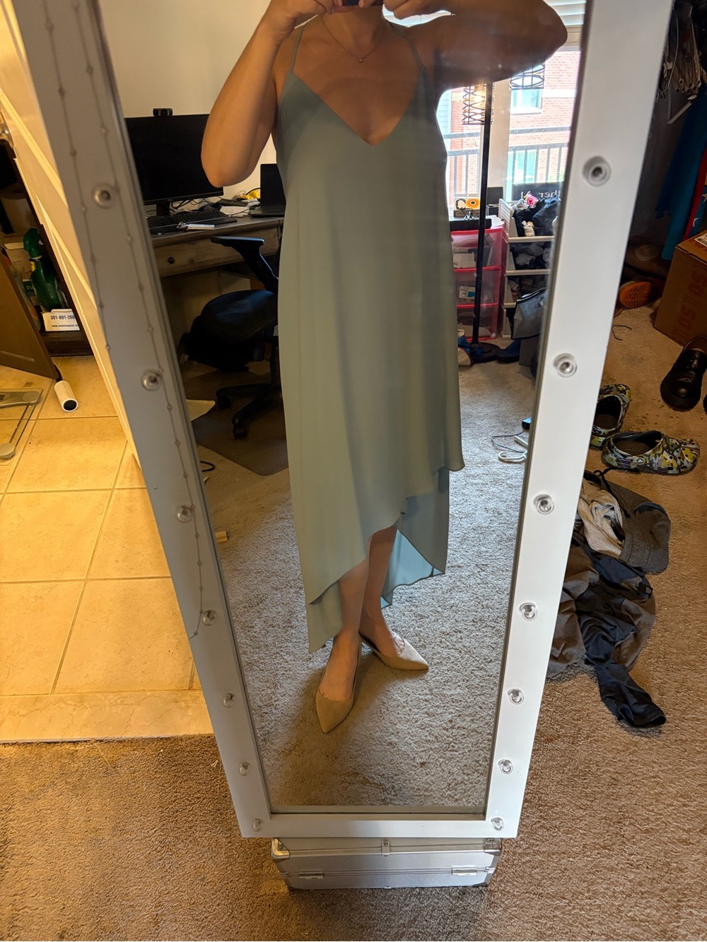BCBG Slip Dress with Asymmetric Hem in Robin’s Egg